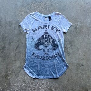 Harley Davidson T Shirt Womens Small Graphic‎ Spade Top White Blue Faded